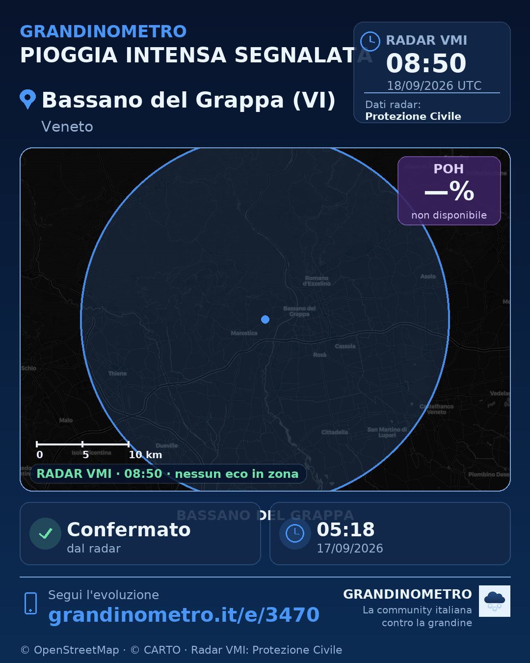 Mappa dell'evento: pioggia intensa a Bassano del Grappa (VI)