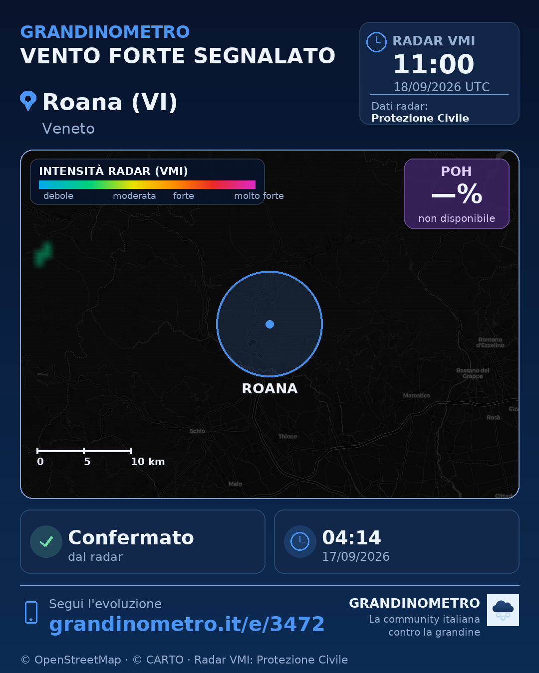 Mappa dell'evento: vento forte a Roana (VI)