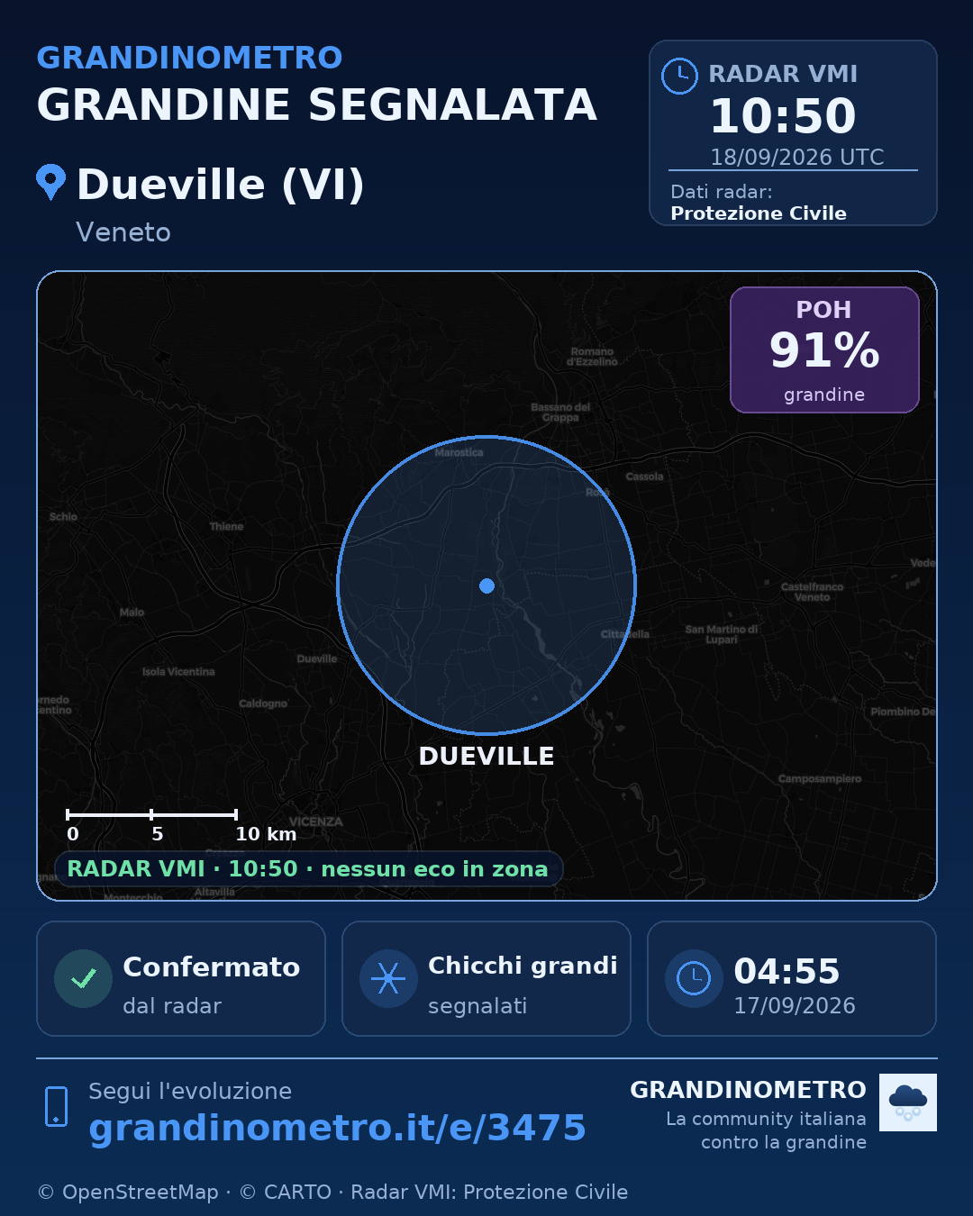 Mappa dell'evento: grandine a Dueville (VI)