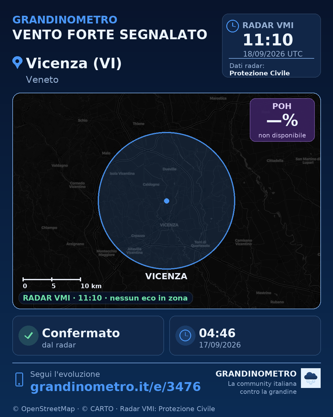Mappa dell'evento: vento forte a Vicenza (VI)