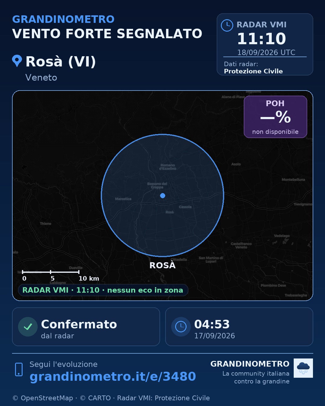 Mappa dell'evento: vento forte a Rosà (VI)
