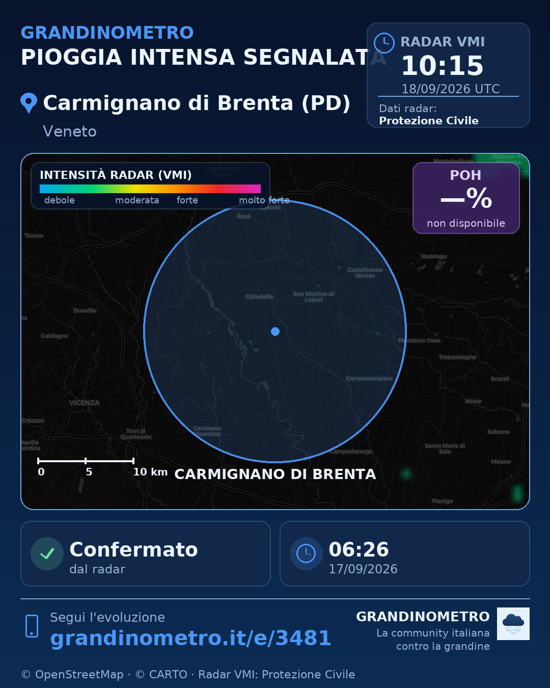 Mappa dell'evento: pioggia intensa a Carmignano di Brenta (PD)