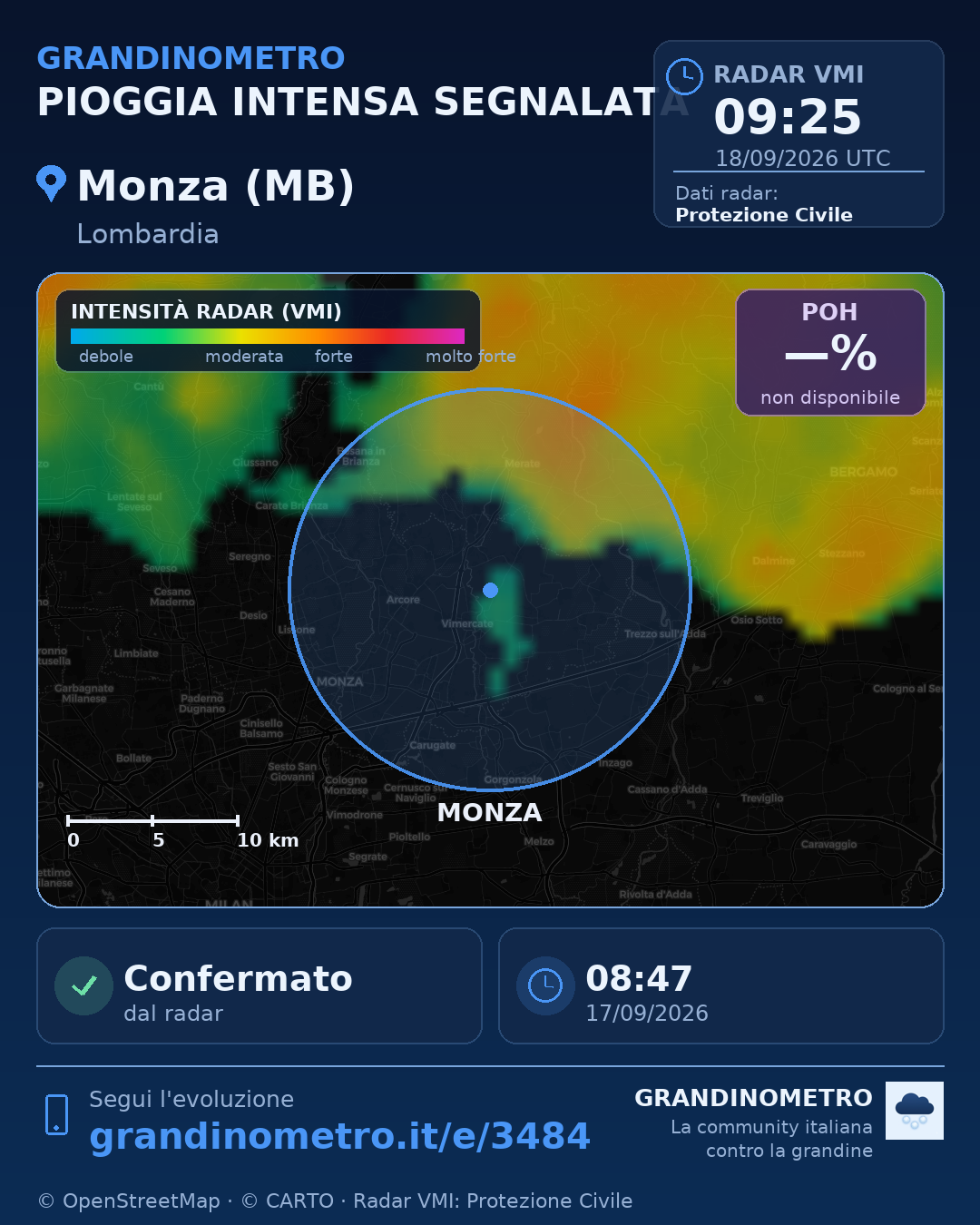 Mappa dell'evento: pioggia intensa a Monza (MB)