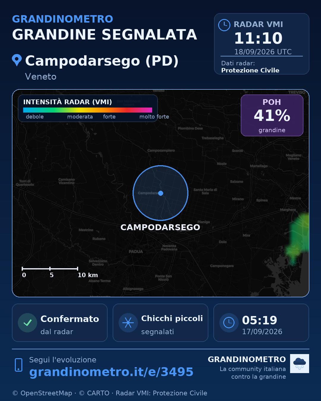 Mappa dell'evento: grandine a Campodarsego (PD)