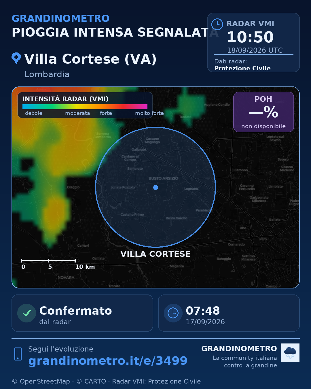 Mappa dell'evento: pioggia intensa a Villa Cortese (VA)