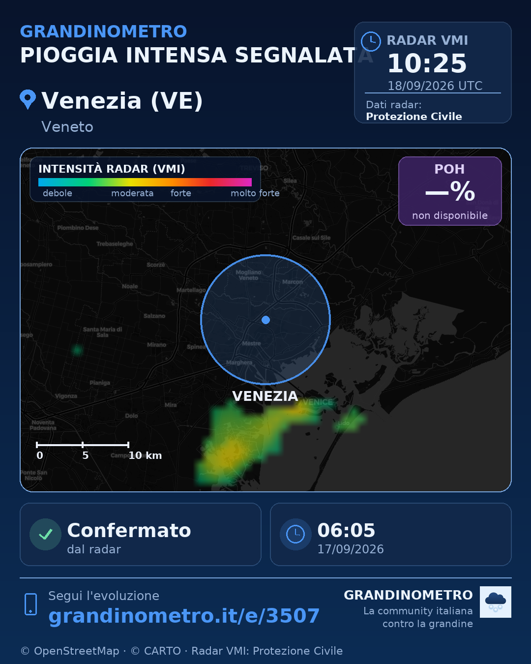 Mappa dell'evento: pioggia intensa a Venezia (VE)