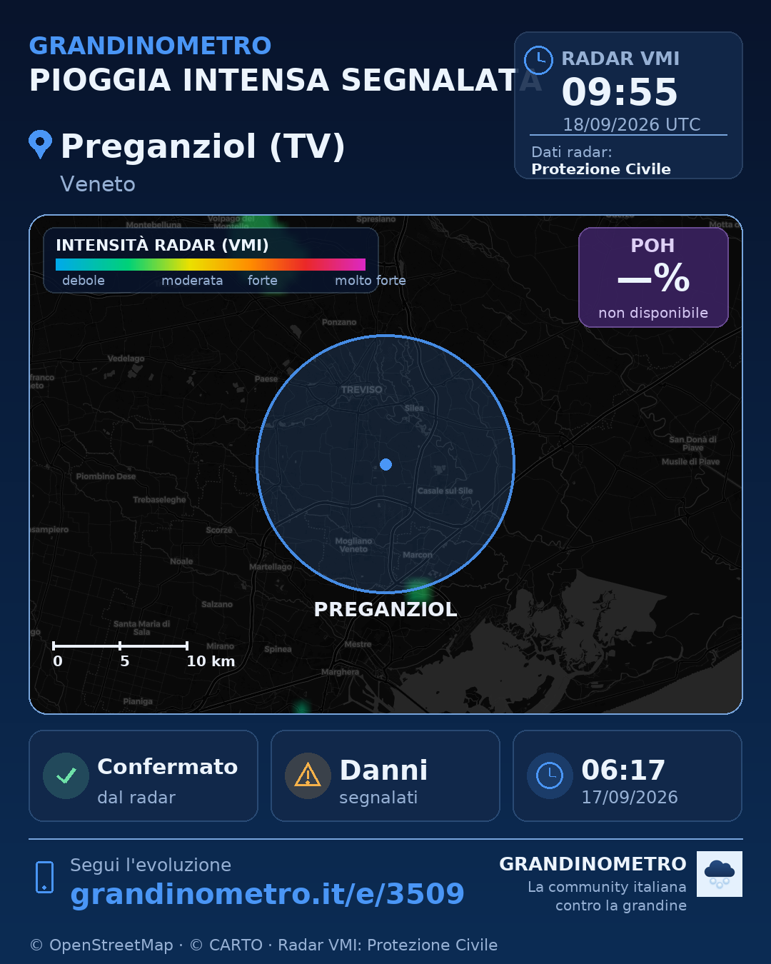 Mappa dell'evento: pioggia intensa a Preganziol (TV)