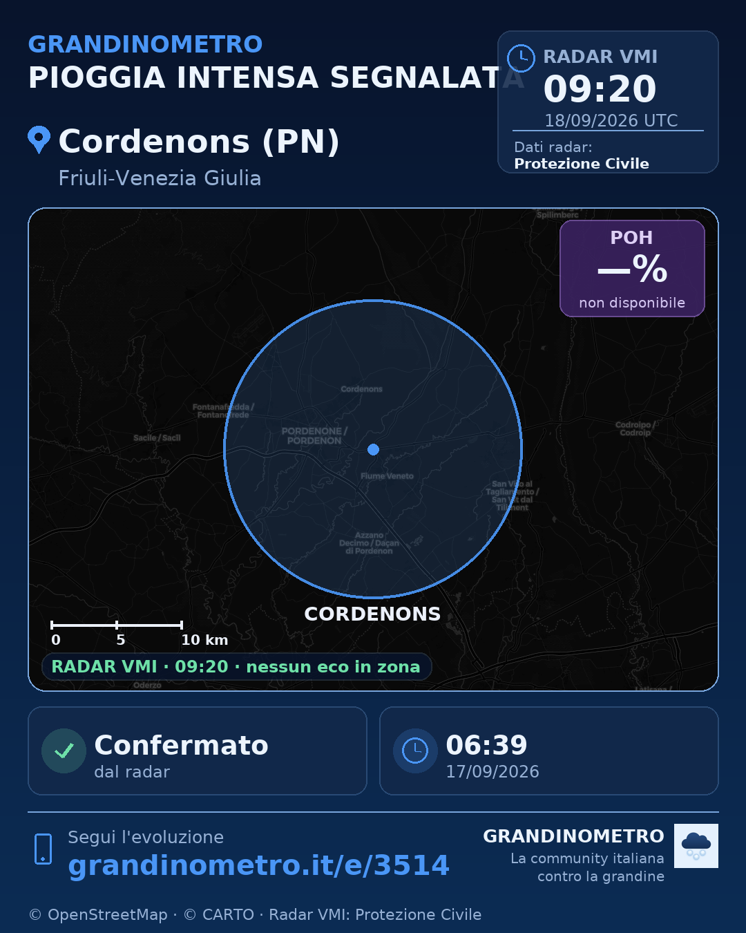 Mappa dell'evento: pioggia intensa a Cordenons (PN)