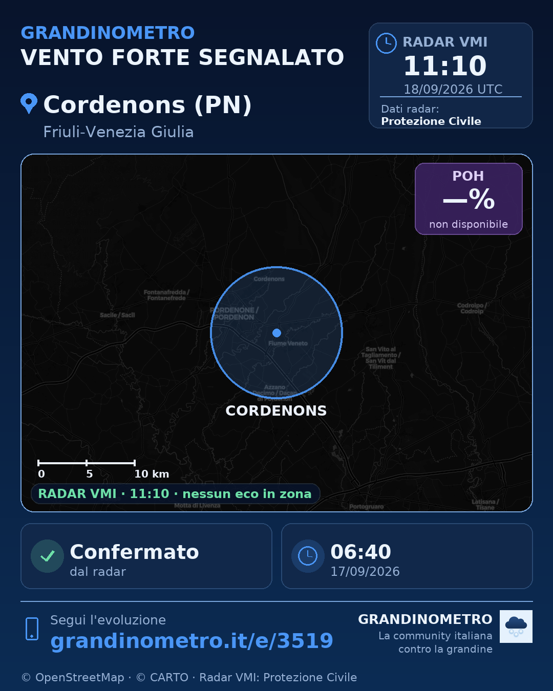 Mappa dell'evento: vento forte a Cordenons (PN)