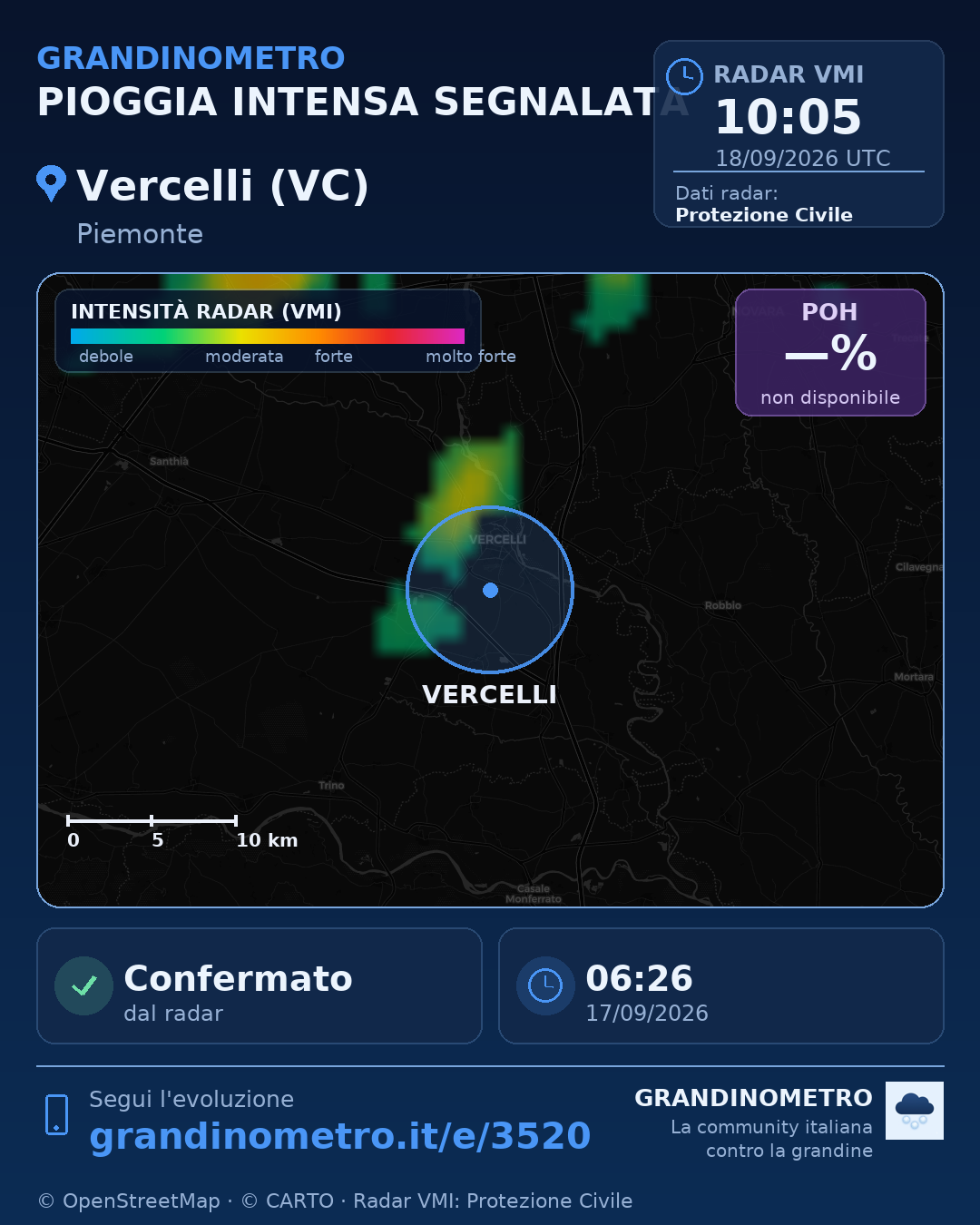Mappa dell'evento: pioggia intensa a Vercelli (VC)
