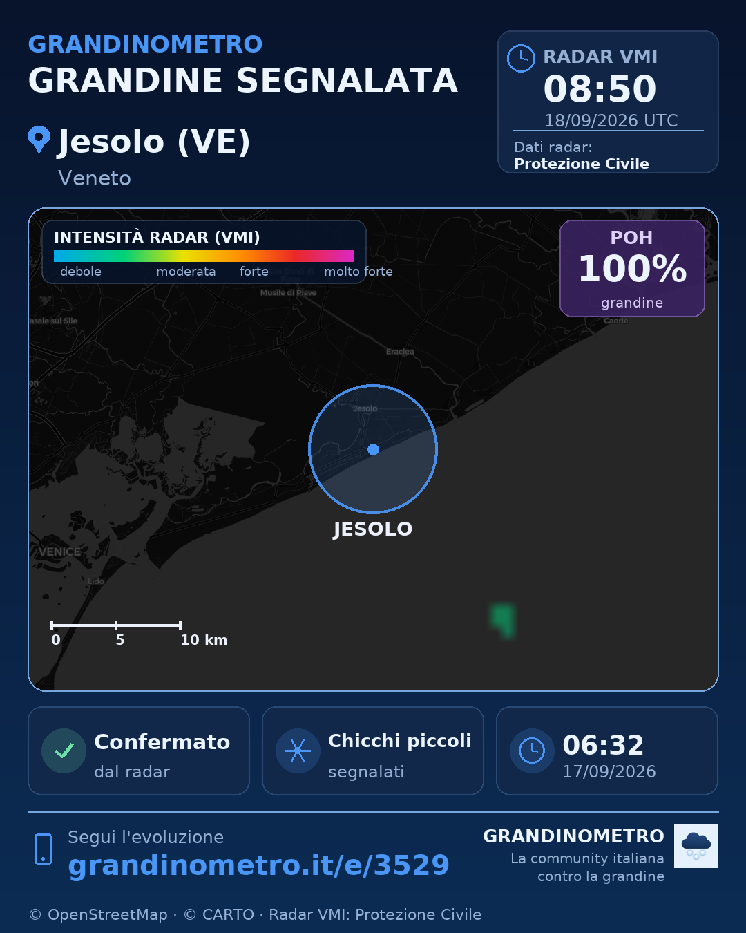 Mappa dell'evento: grandine a Jesolo (VE)