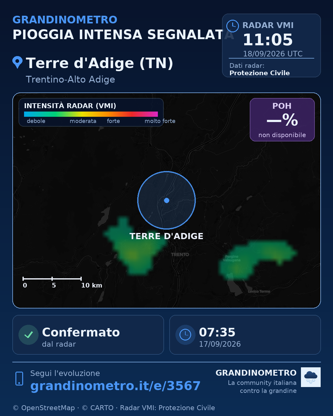 Mappa dell'evento: pioggia intensa a Terre d'Adige (TN)