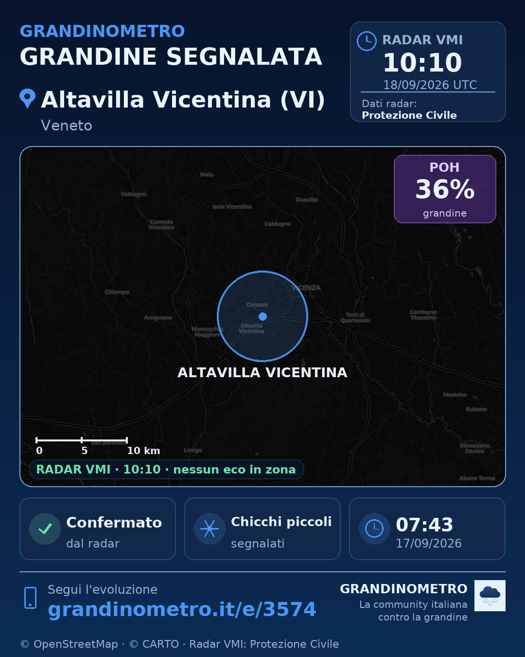 Mappa dell'evento: grandine ad Altavilla Vicentina (VI)