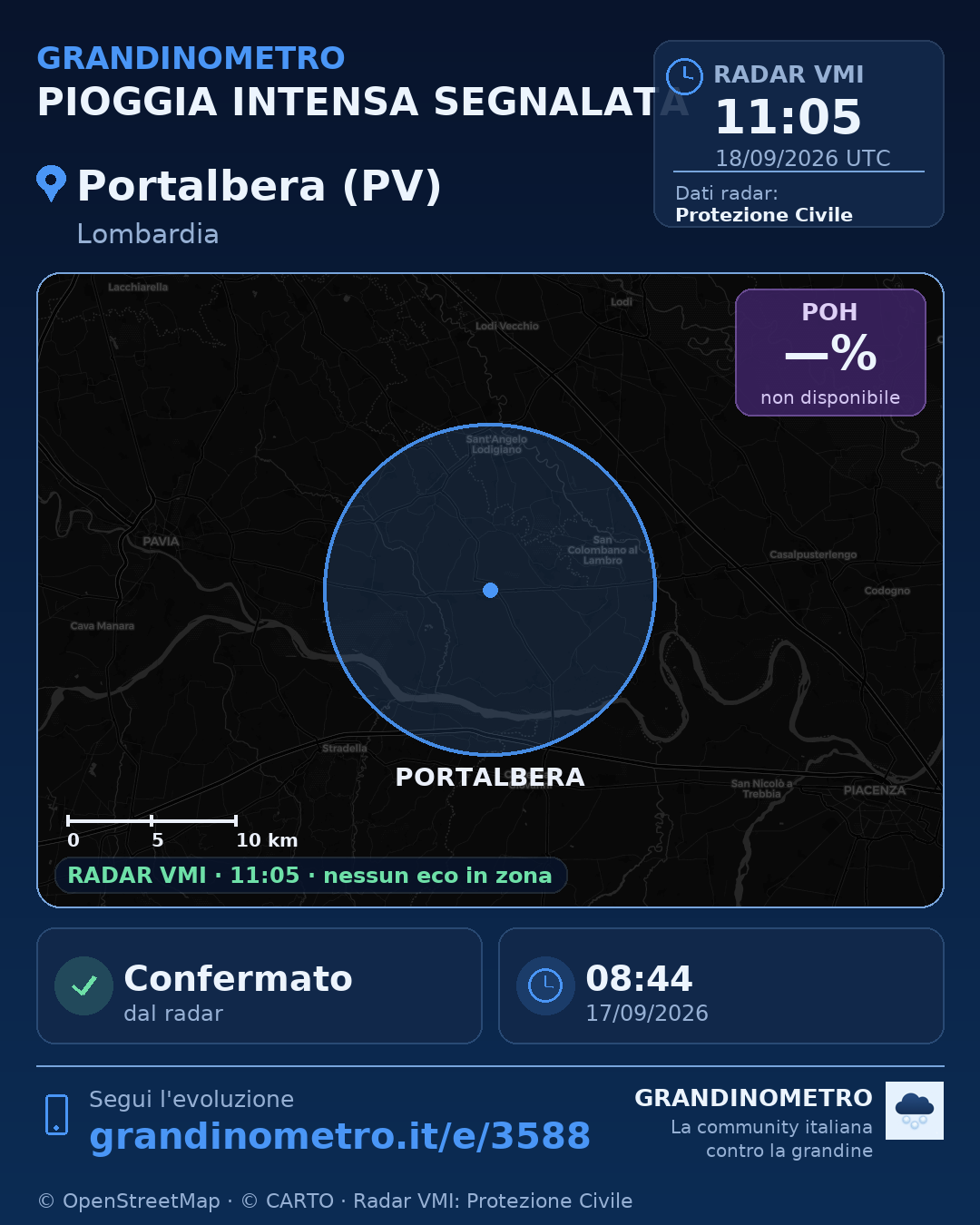 Mappa dell'evento: pioggia intensa a Portalbera (PV)