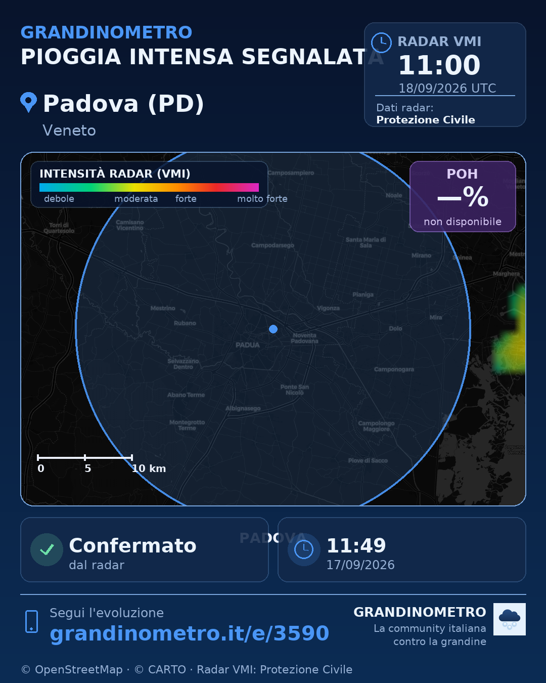 Mappa dell'evento: pioggia intensa a Padova (PD)