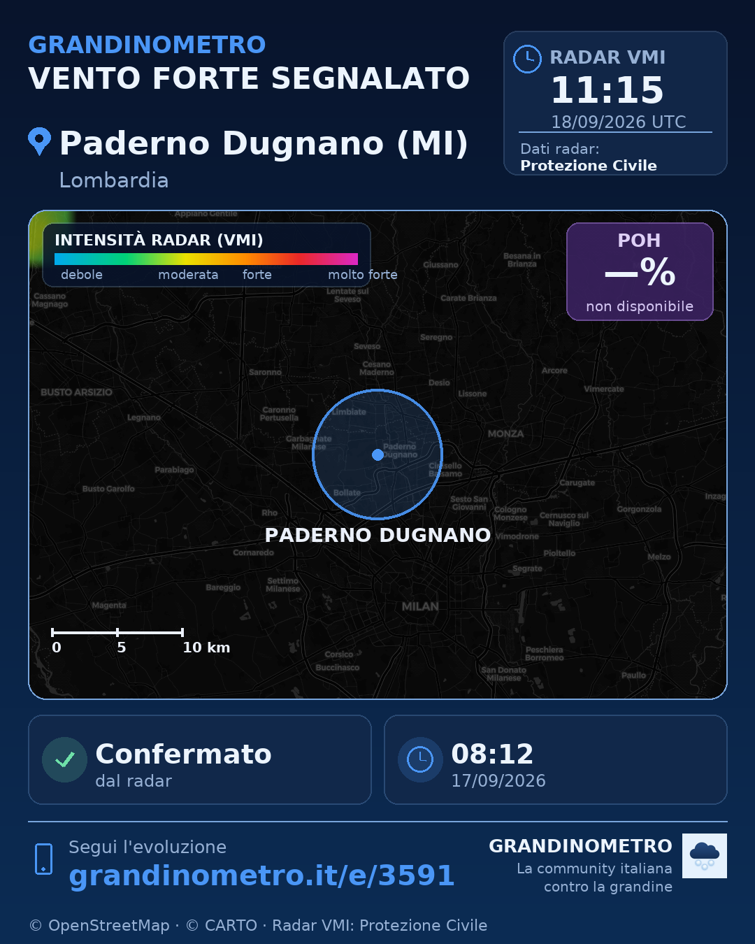 Mappa dell'evento: vento forte a Paderno Dugnano (MI)