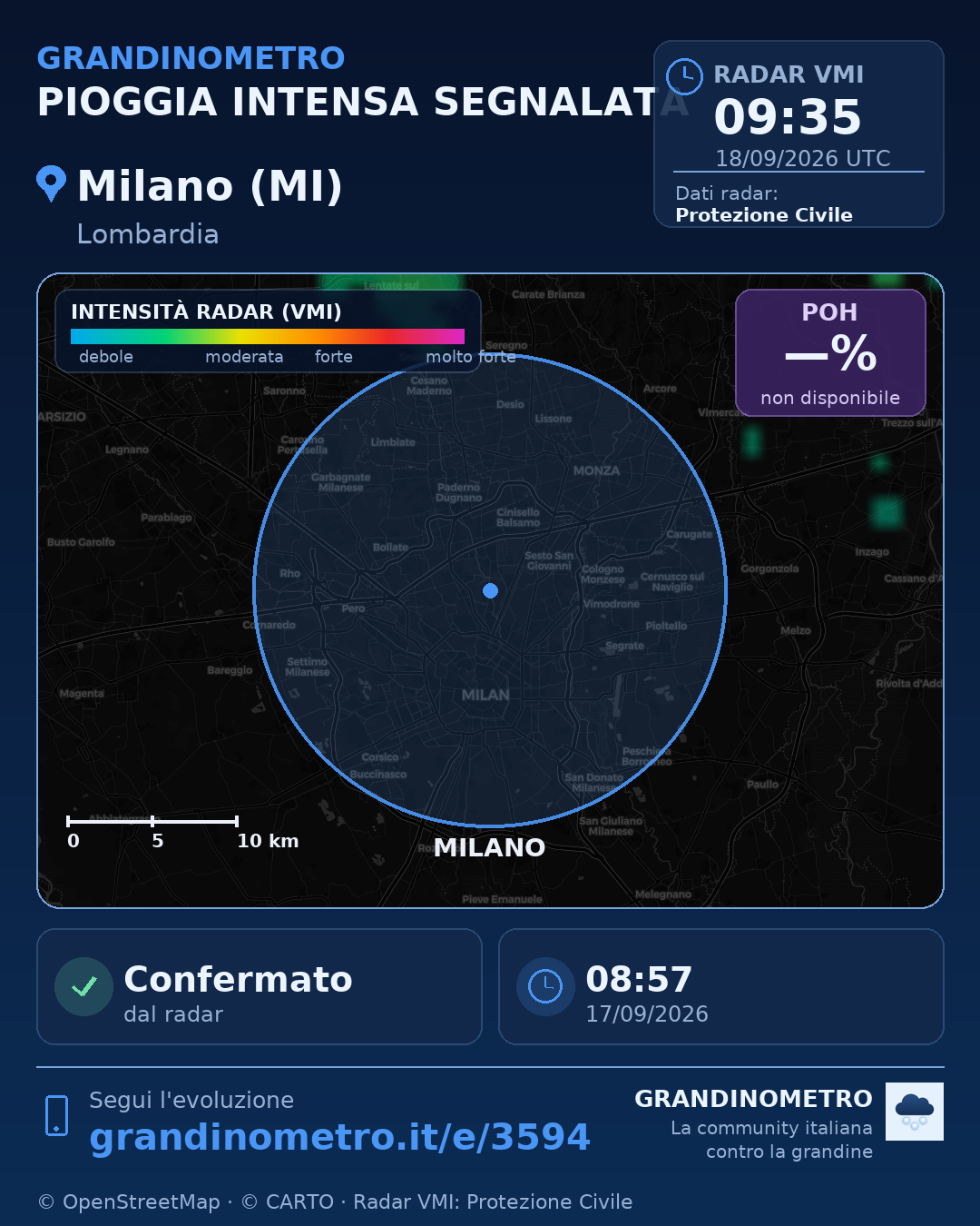 Mappa dell'evento: pioggia intensa a Milano (MI)