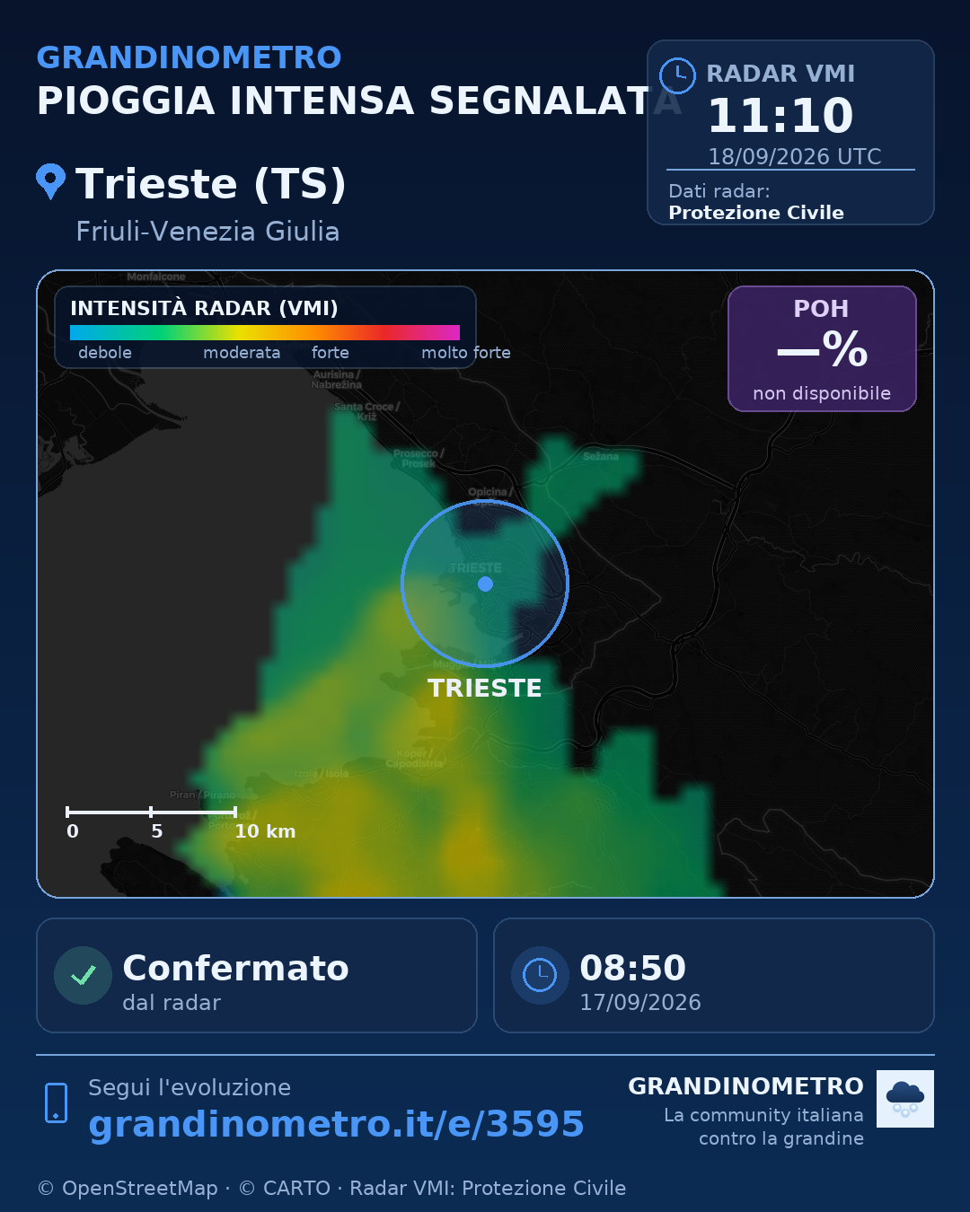 Mappa dell'evento: pioggia intensa a Trieste (TS)