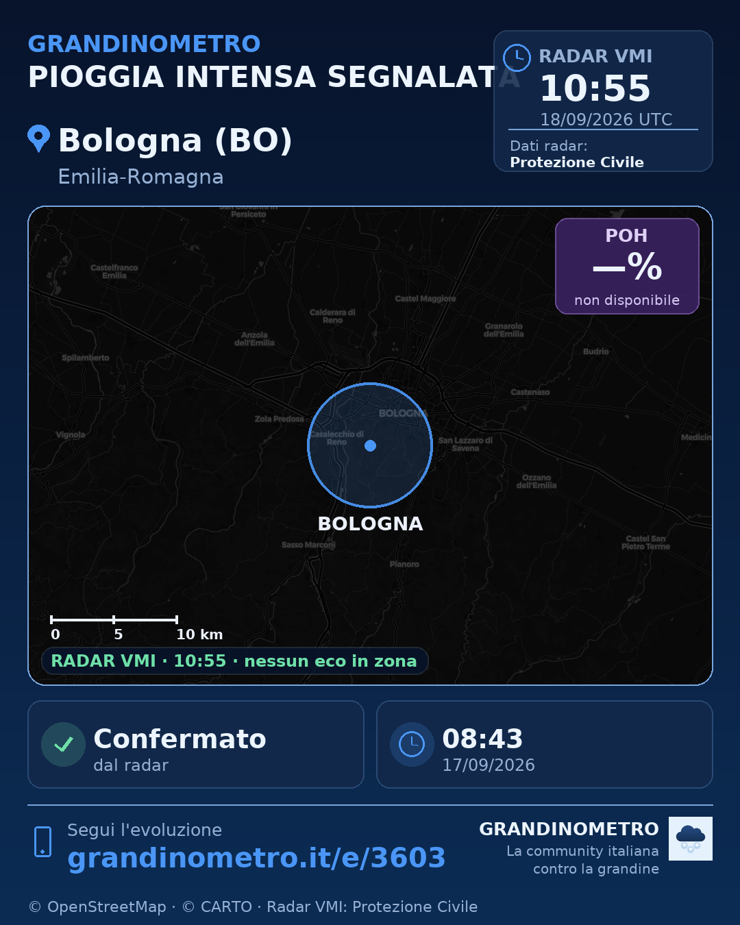 Mappa dell'evento: pioggia intensa a Bologna (BO)