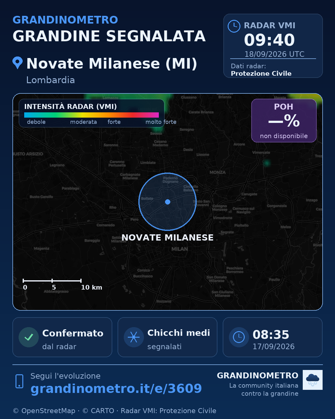 Mappa dell'evento: grandine a Novate Milanese (MI)