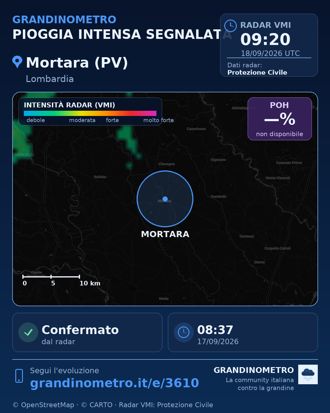 Mappa dell'evento: pioggia intensa a Mortara (PV)