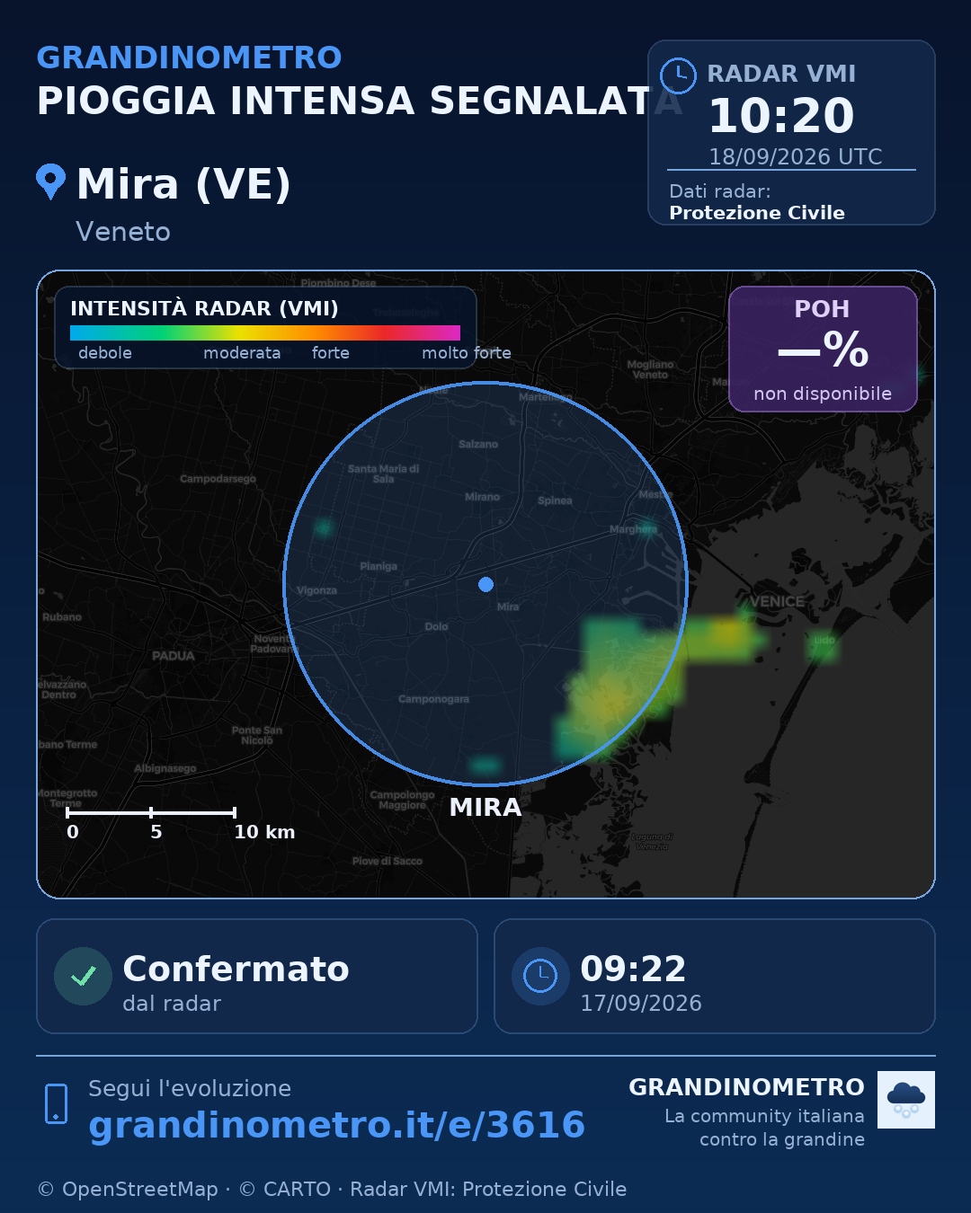 Mappa dell'evento: pioggia intensa a Mira (VE)