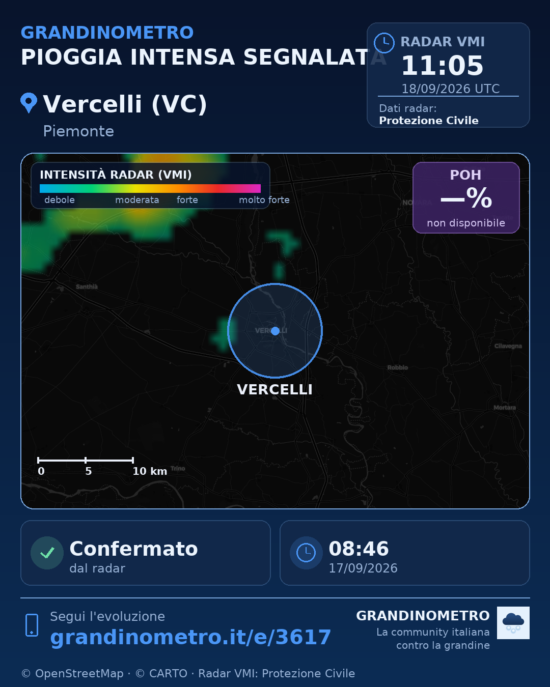 Mappa dell'evento: pioggia intensa a Vercelli (VC)