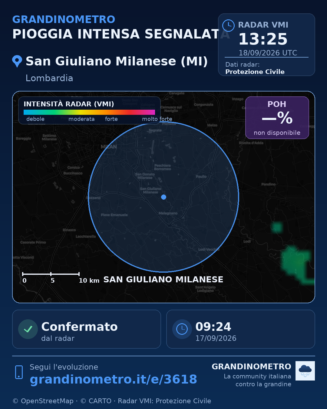 Mappa dell'evento: pioggia intensa a San Giuliano Milanese (MI)