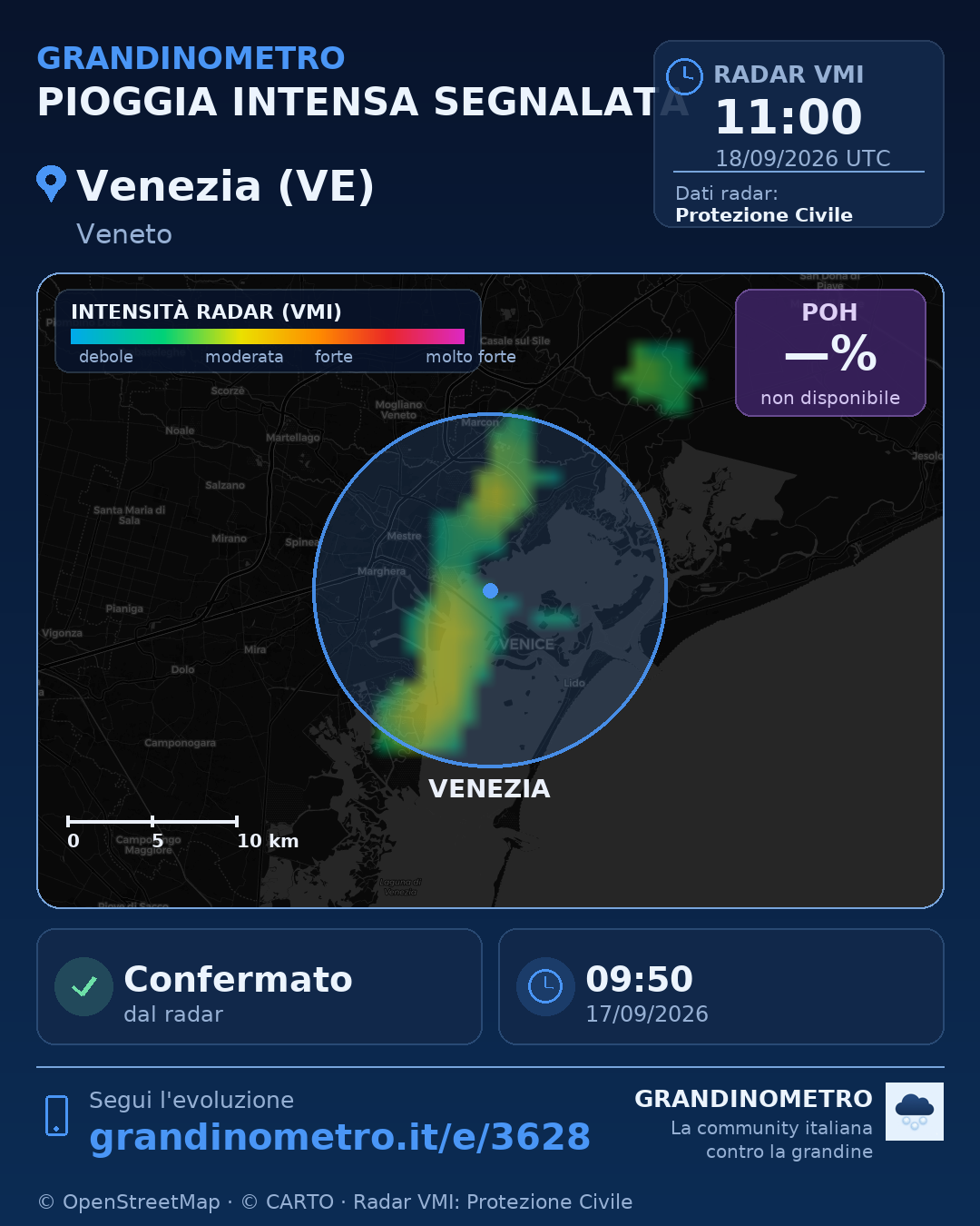 Mappa dell'evento: pioggia intensa a Venezia (VE)