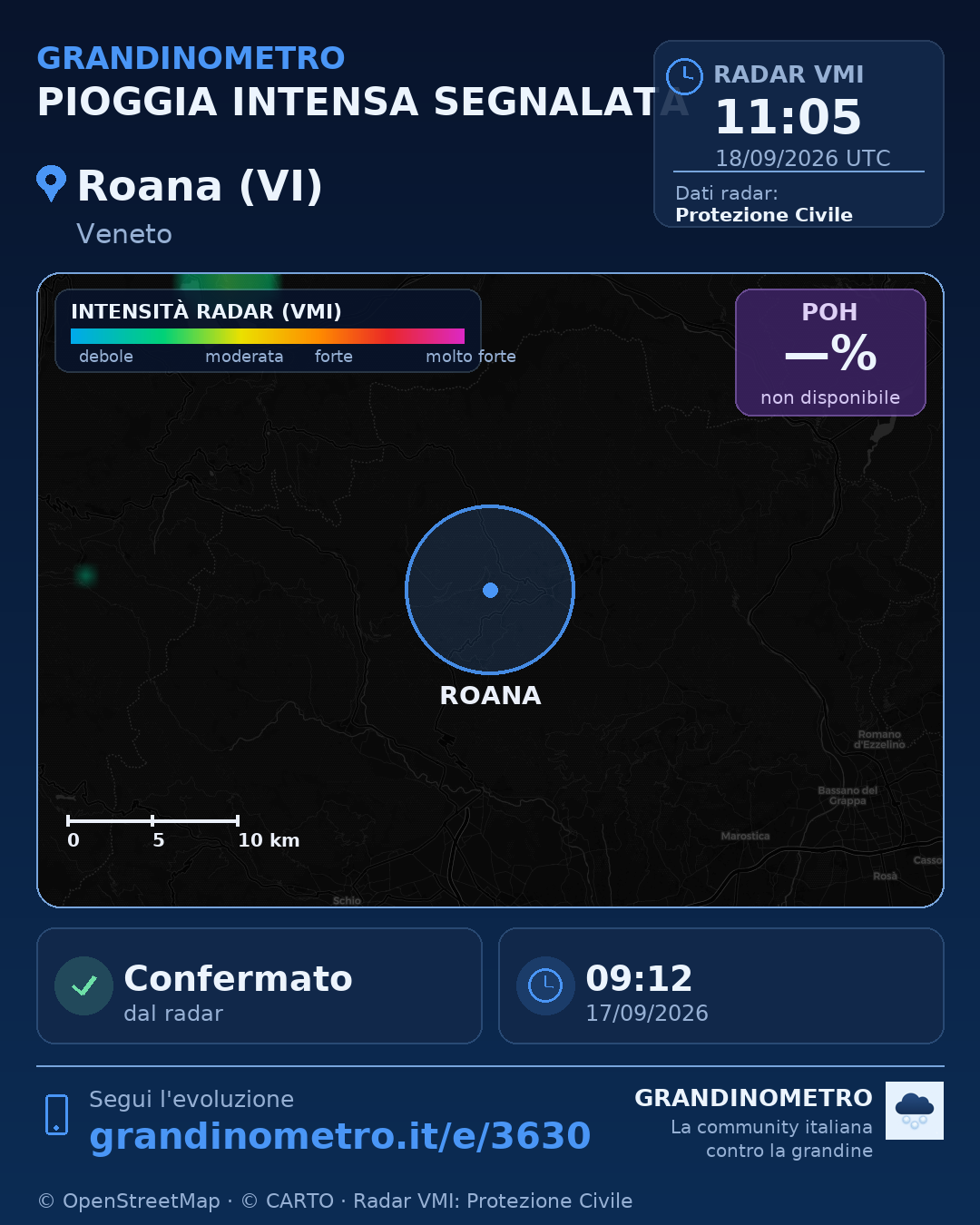 Mappa dell'evento: pioggia intensa a Roana (VI)