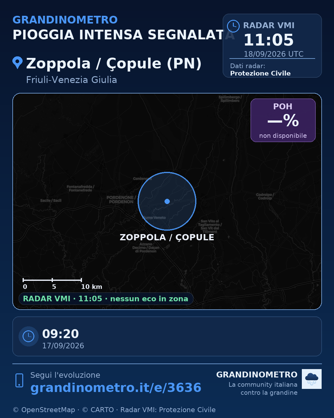 Mappa dell'evento: pioggia intensa a Zoppola / Çopule (PN)