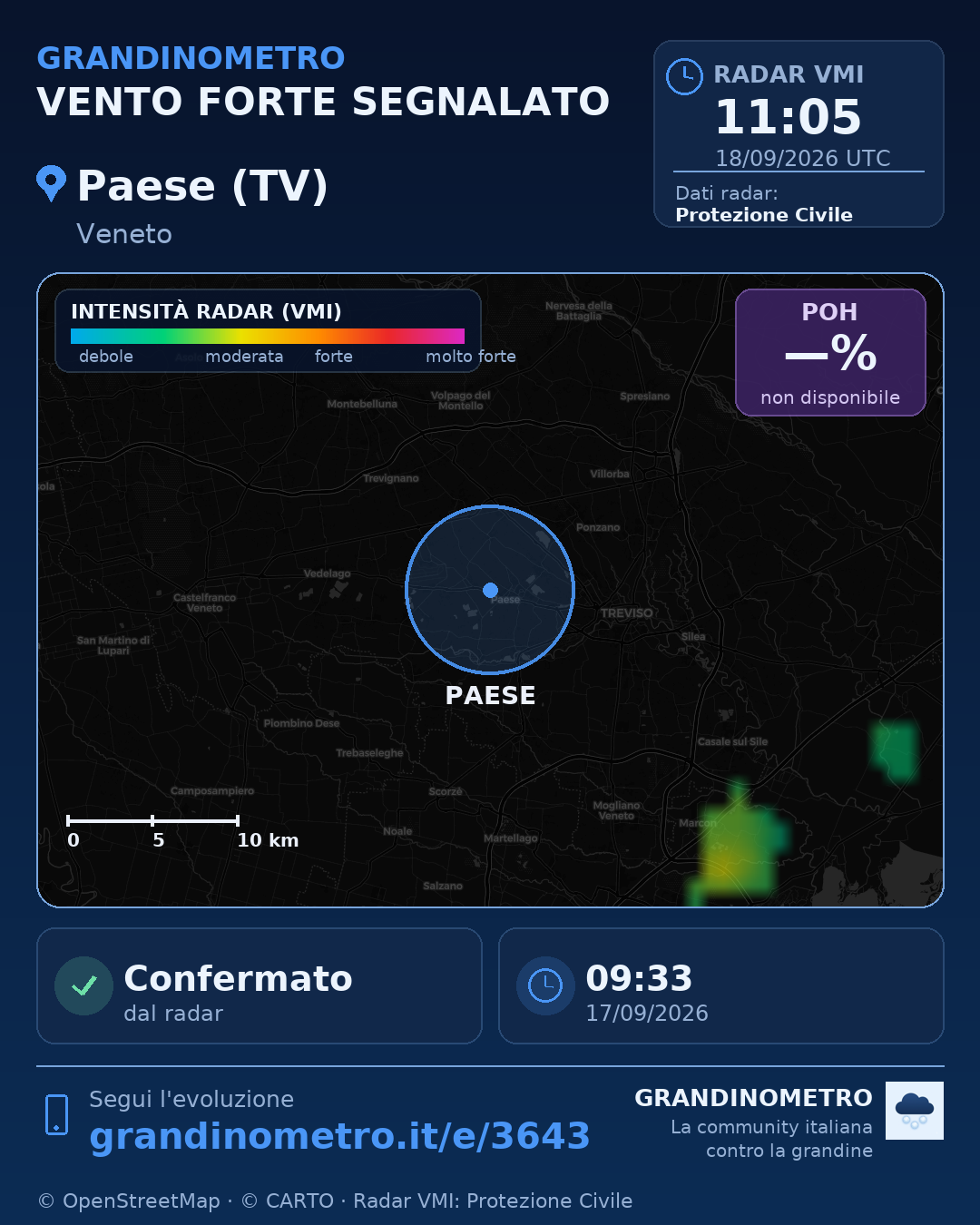 Mappa dell'evento: vento forte a Paese (TV)