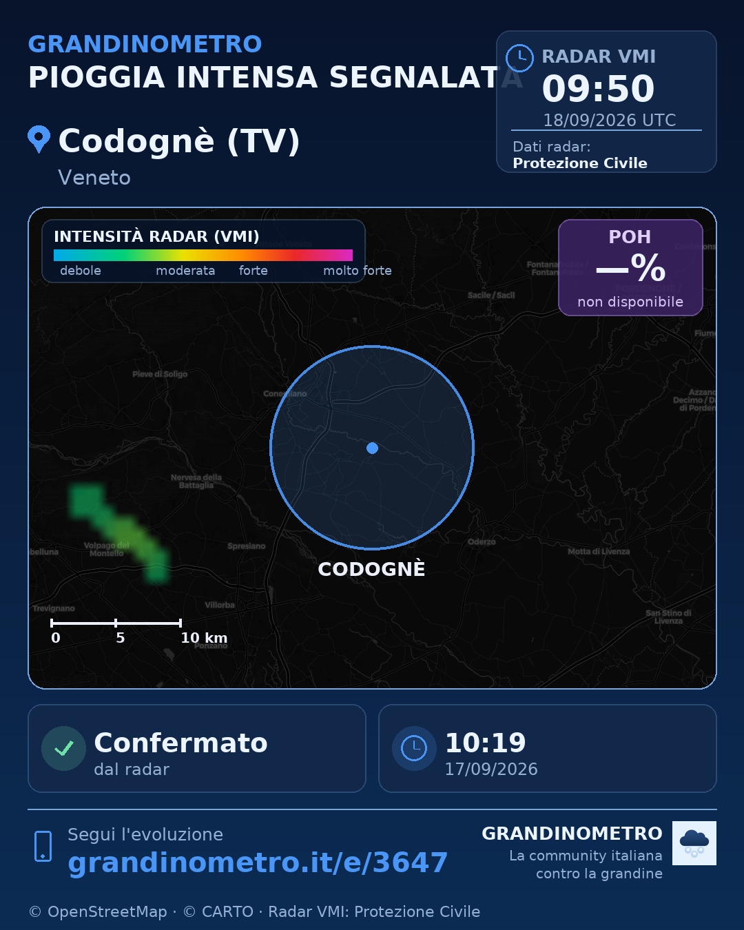 Mappa dell'evento: pioggia intensa a Codognè (TV)