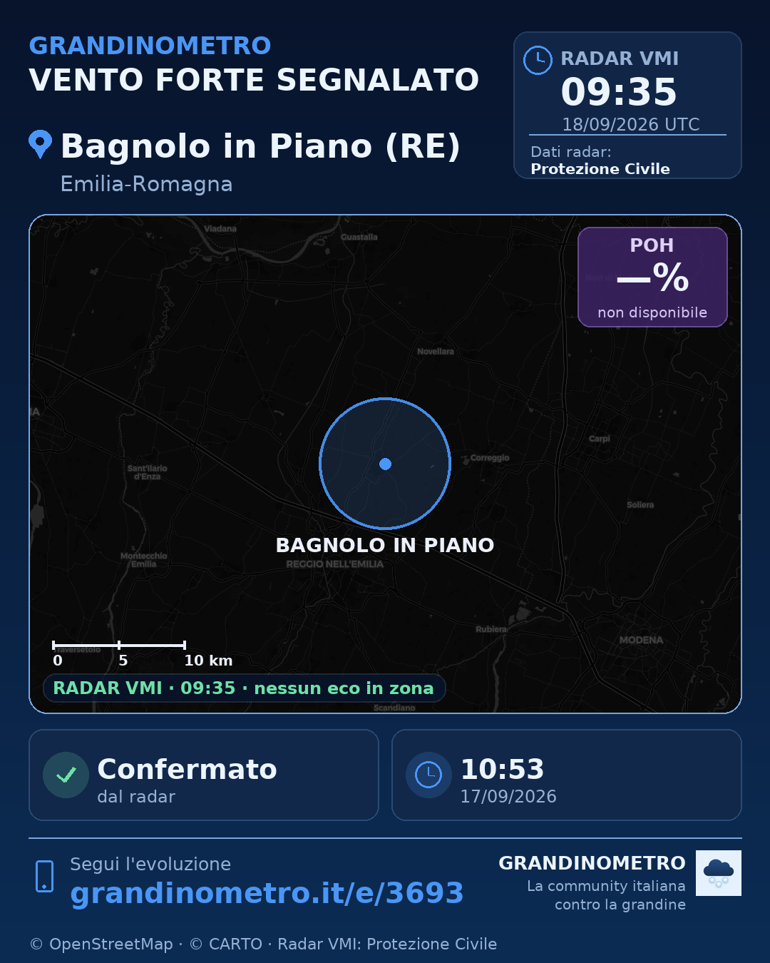 Mappa dell'evento: vento forte a Bagnolo in Piano (RE)