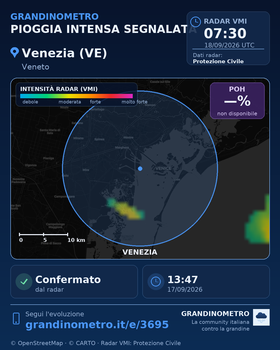 Mappa dell'evento: pioggia intensa a Venezia (VE)