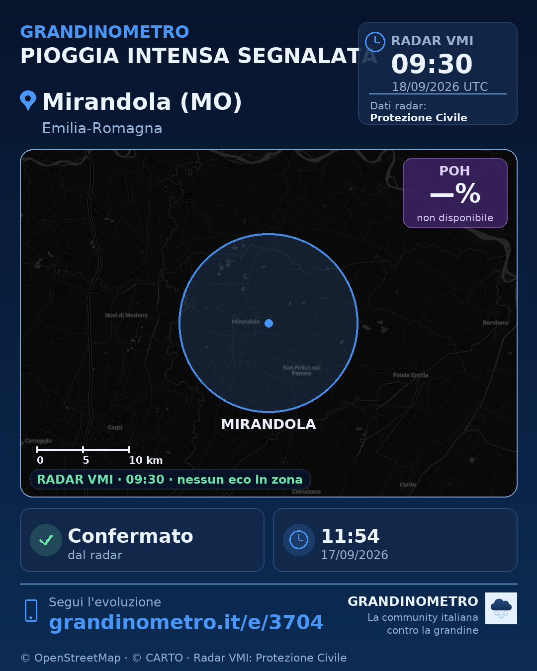 Mappa dell'evento: pioggia intensa a Mirandola (MO)