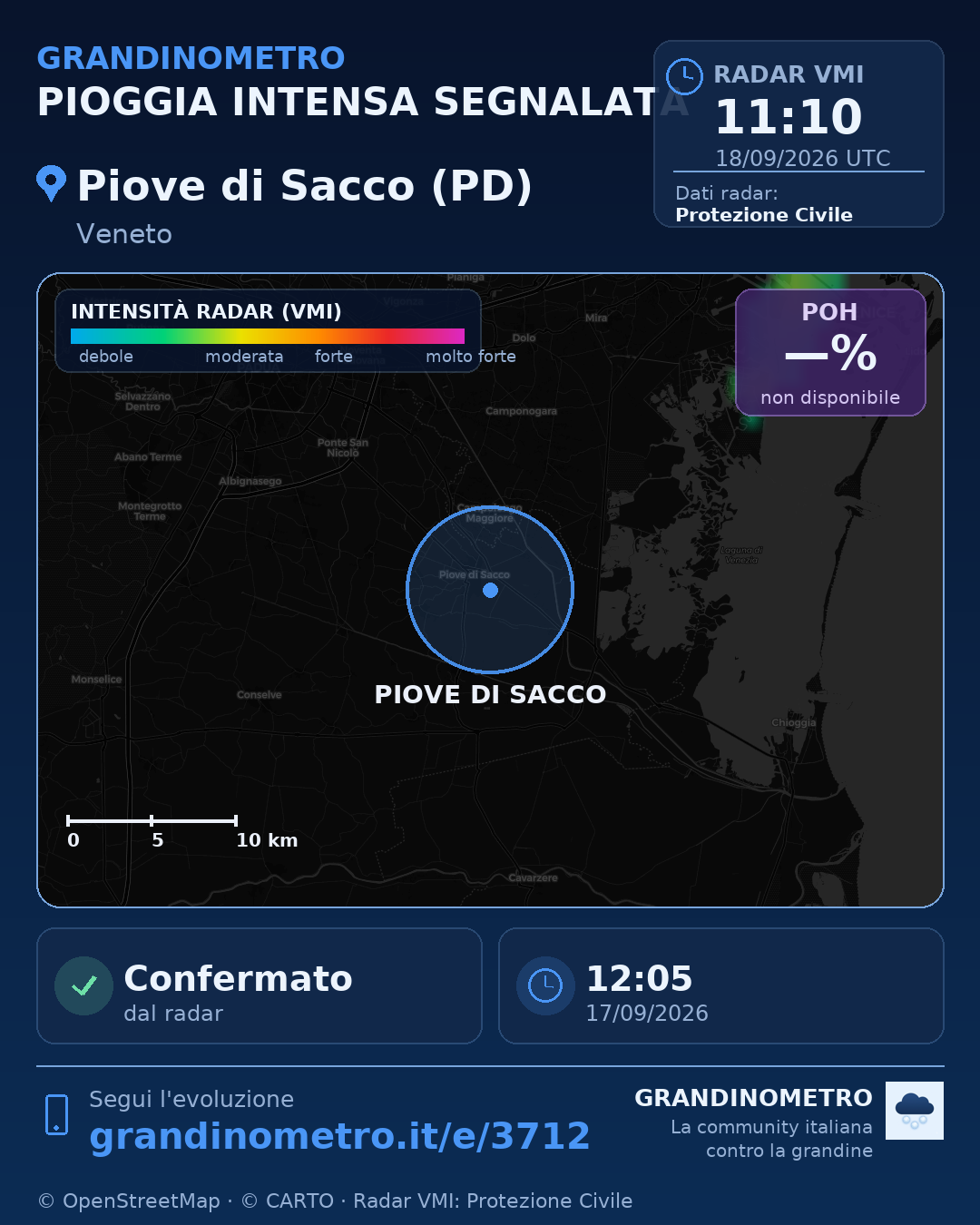 Mappa dell'evento: pioggia intensa a Piove di Sacco (PD)