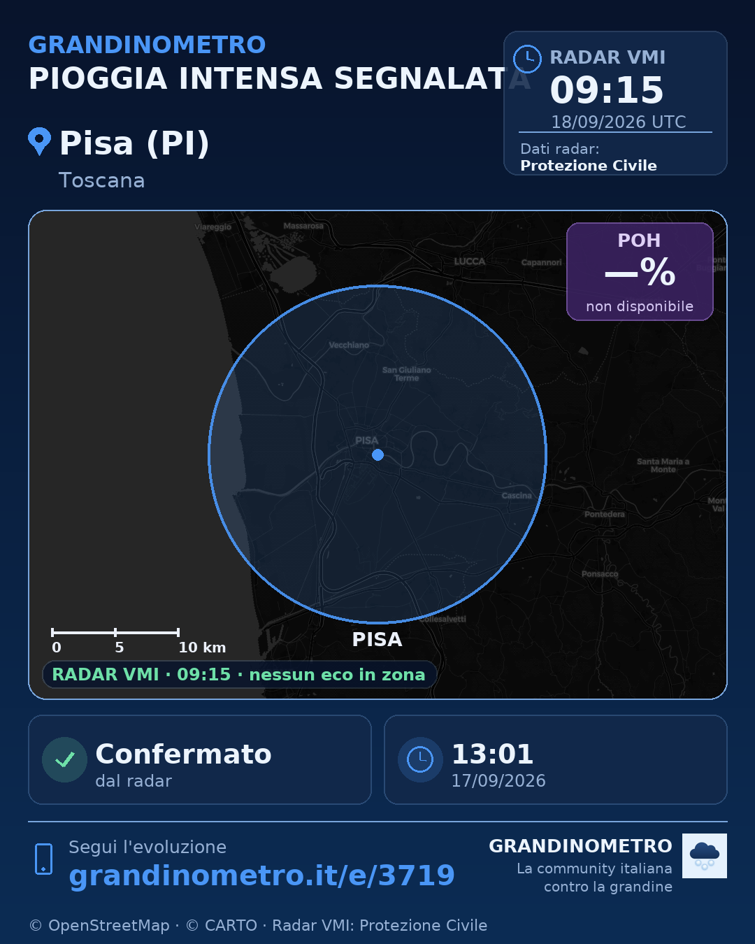 Mappa dell'evento: pioggia intensa a Pisa (PI)