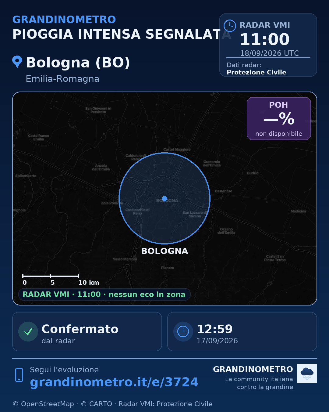 Mappa dell'evento: pioggia intensa a Bologna (BO)