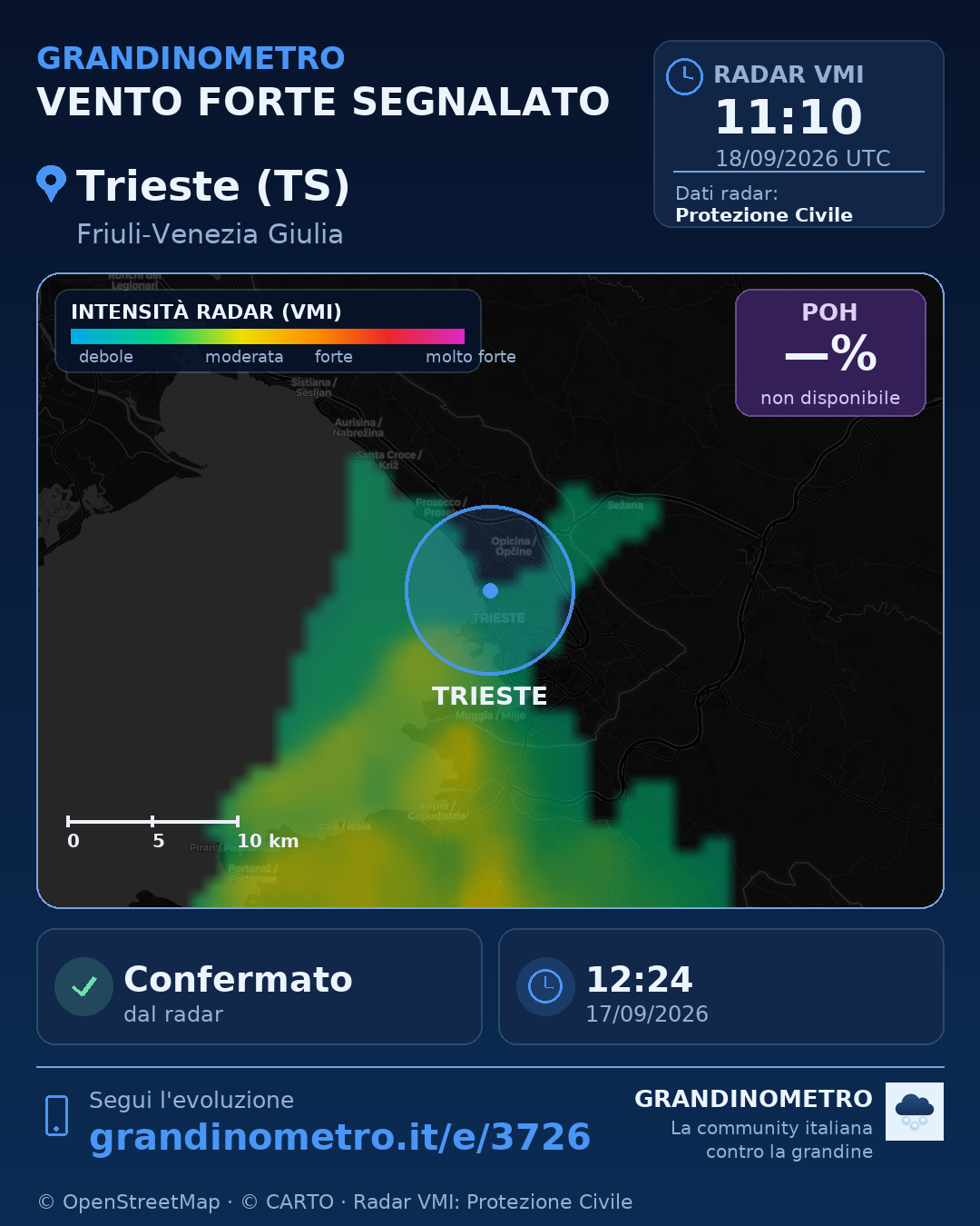 Mappa dell'evento: vento forte a Trieste (TS)