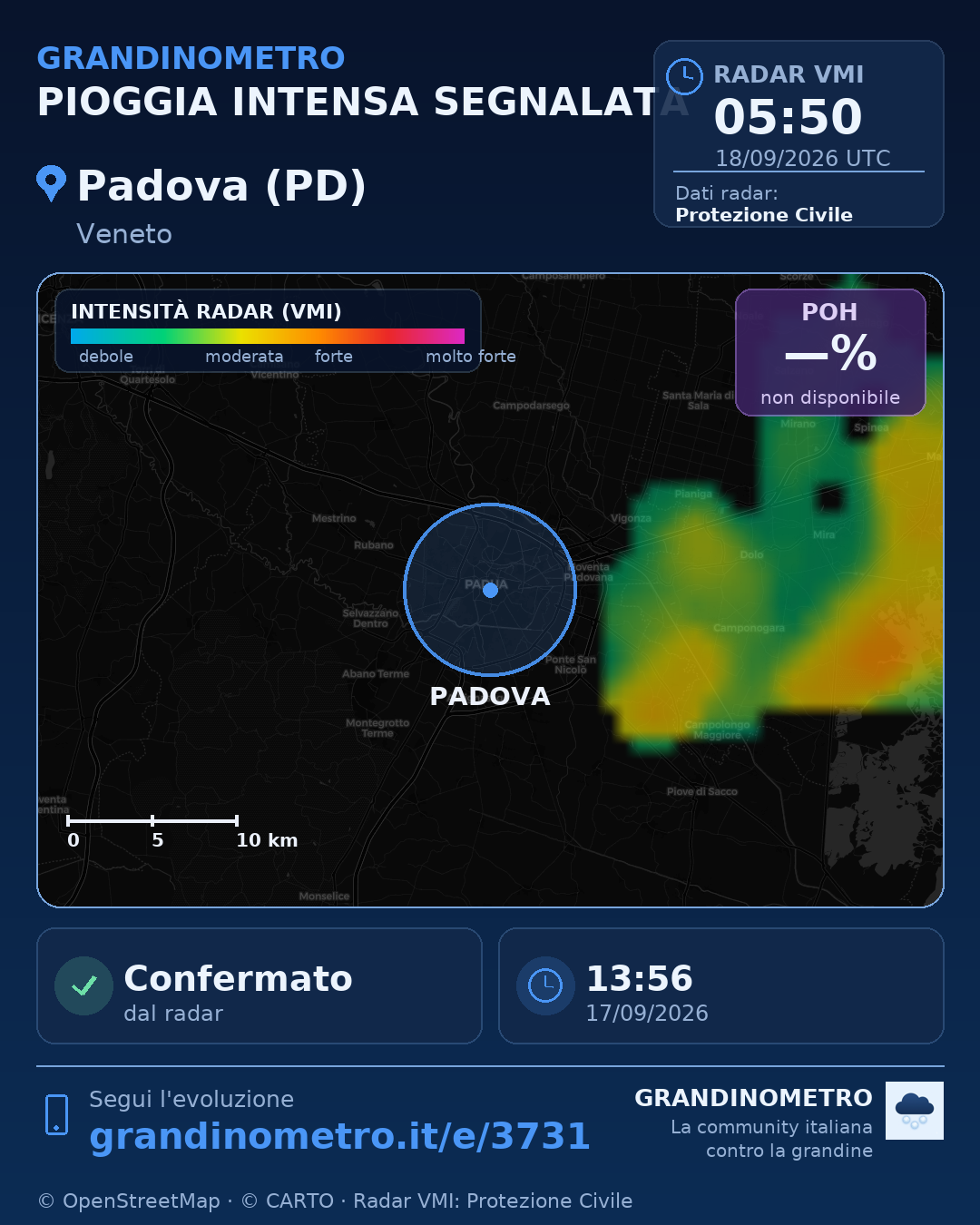 Mappa dell'evento: pioggia intensa a Padova (PD)