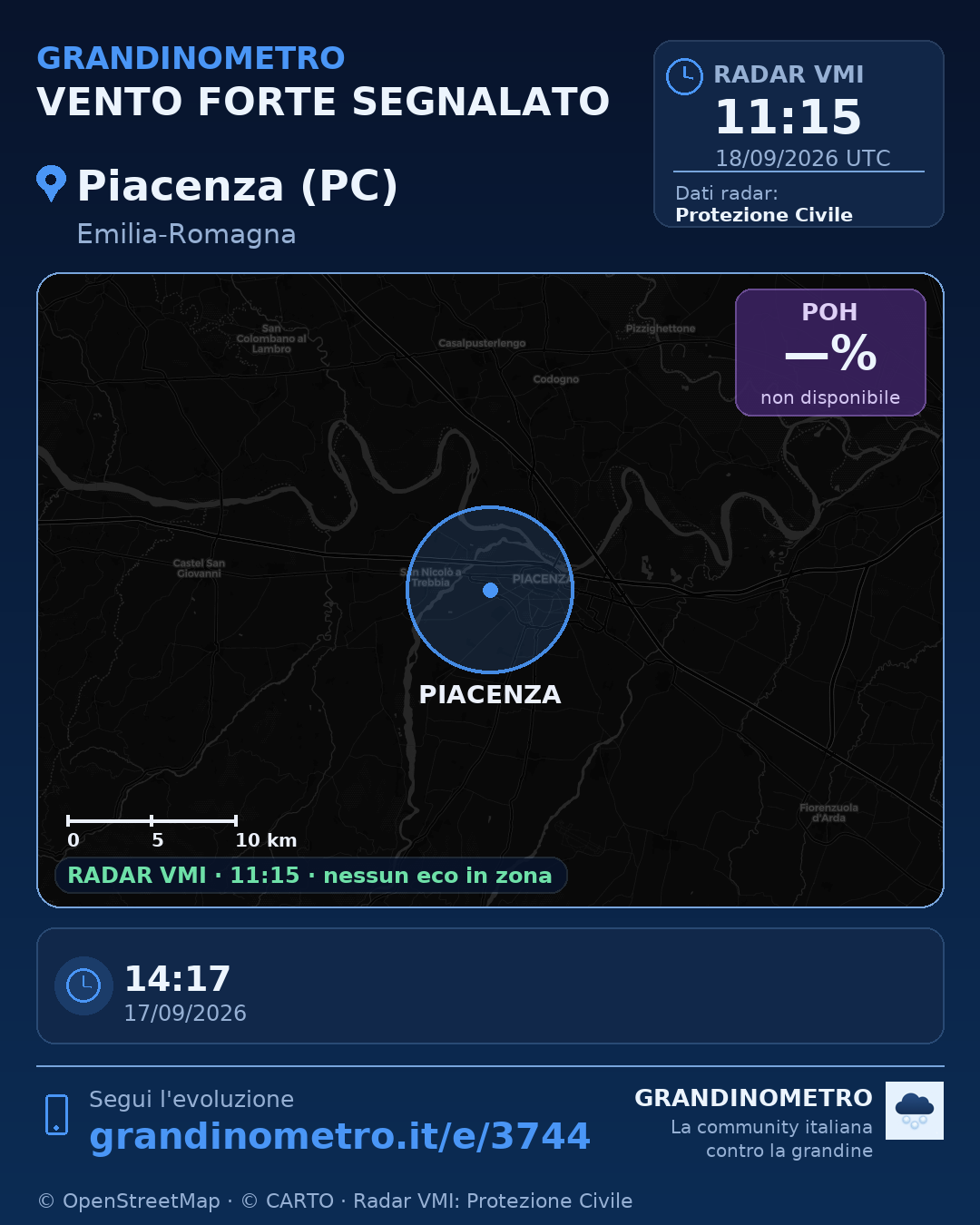 Mappa dell'evento: vento forte a Piacenza (PC)