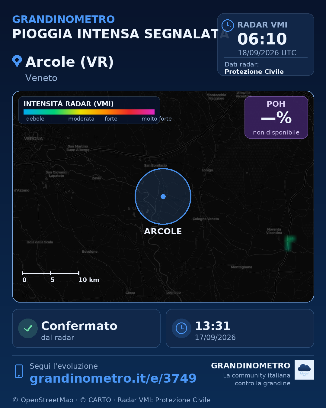 Mappa dell'evento: pioggia intensa ad Arcole (VR)