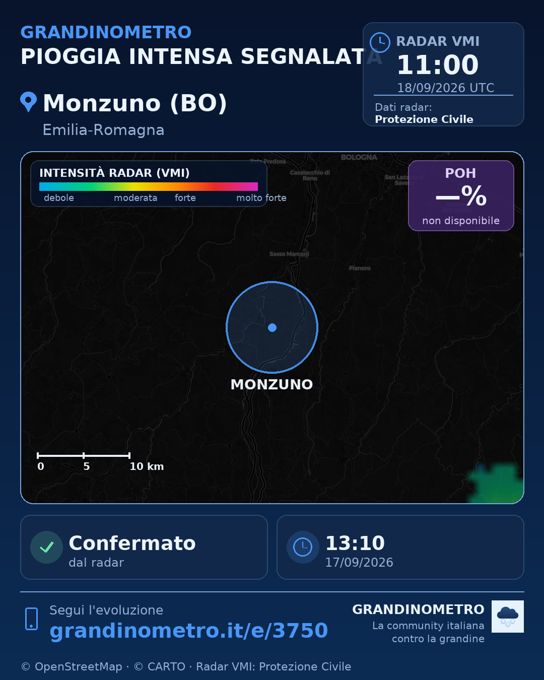 Mappa dell'evento: pioggia intensa a Monzuno (BO)