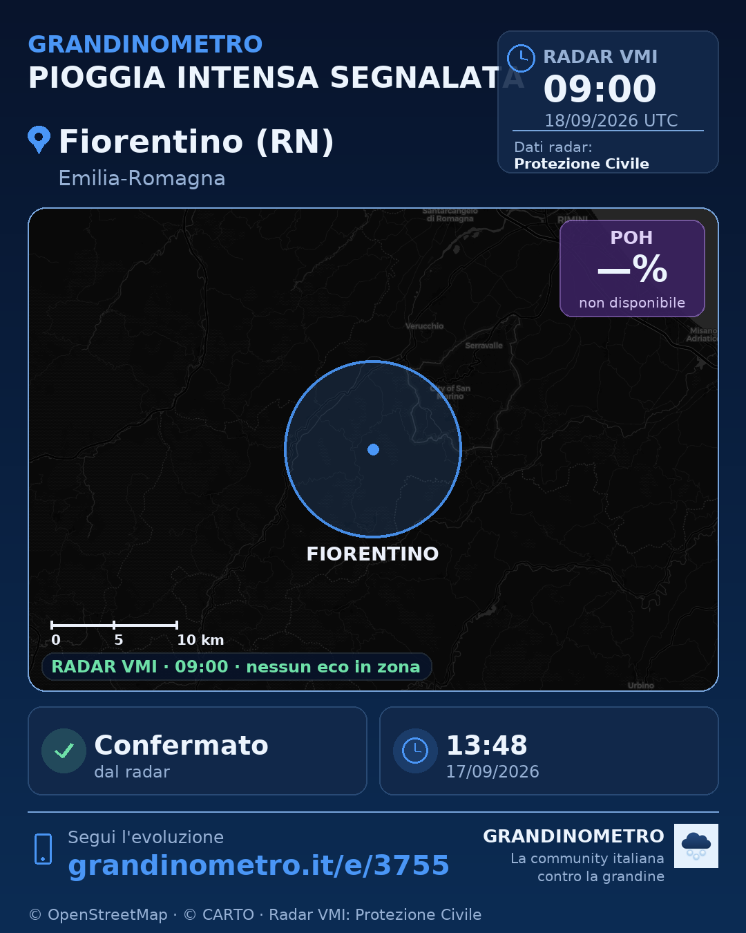 Mappa dell'evento: pioggia intensa a Fiorentino (RN)