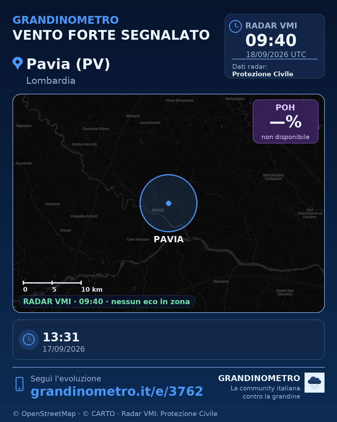 Mappa dell'evento: vento forte a Pavia (PV)