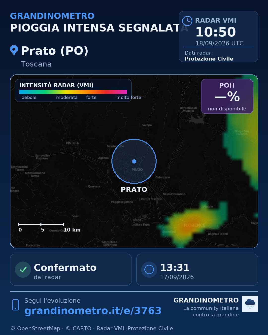 Mappa dell'evento: pioggia intensa a Prato (PO)