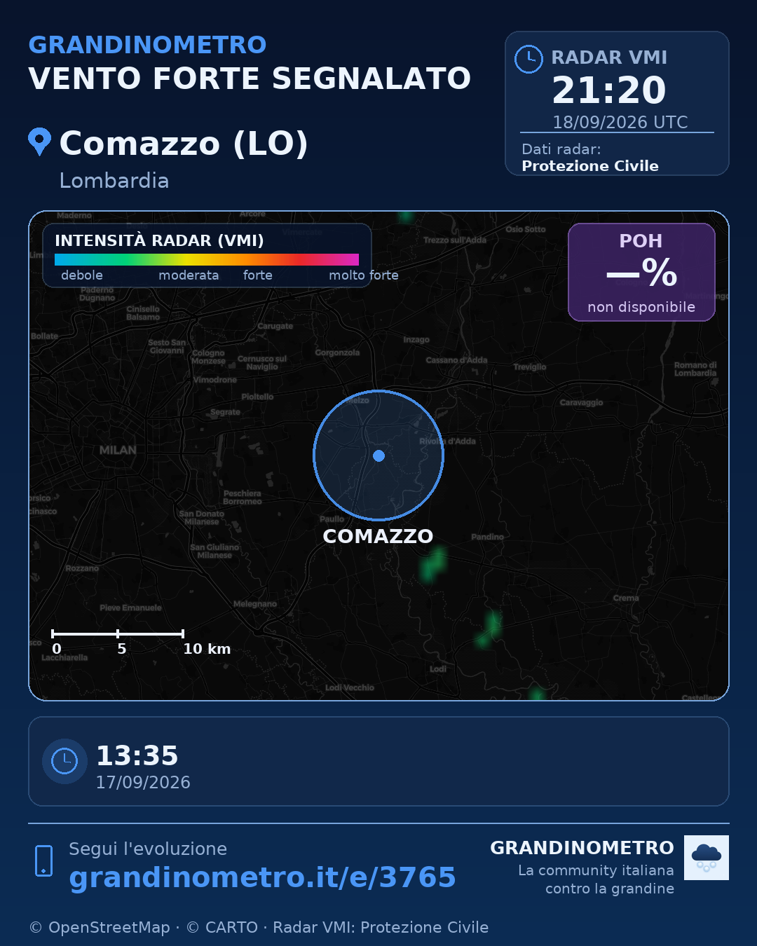 Mappa dell'evento: vento forte a Comazzo (LO)