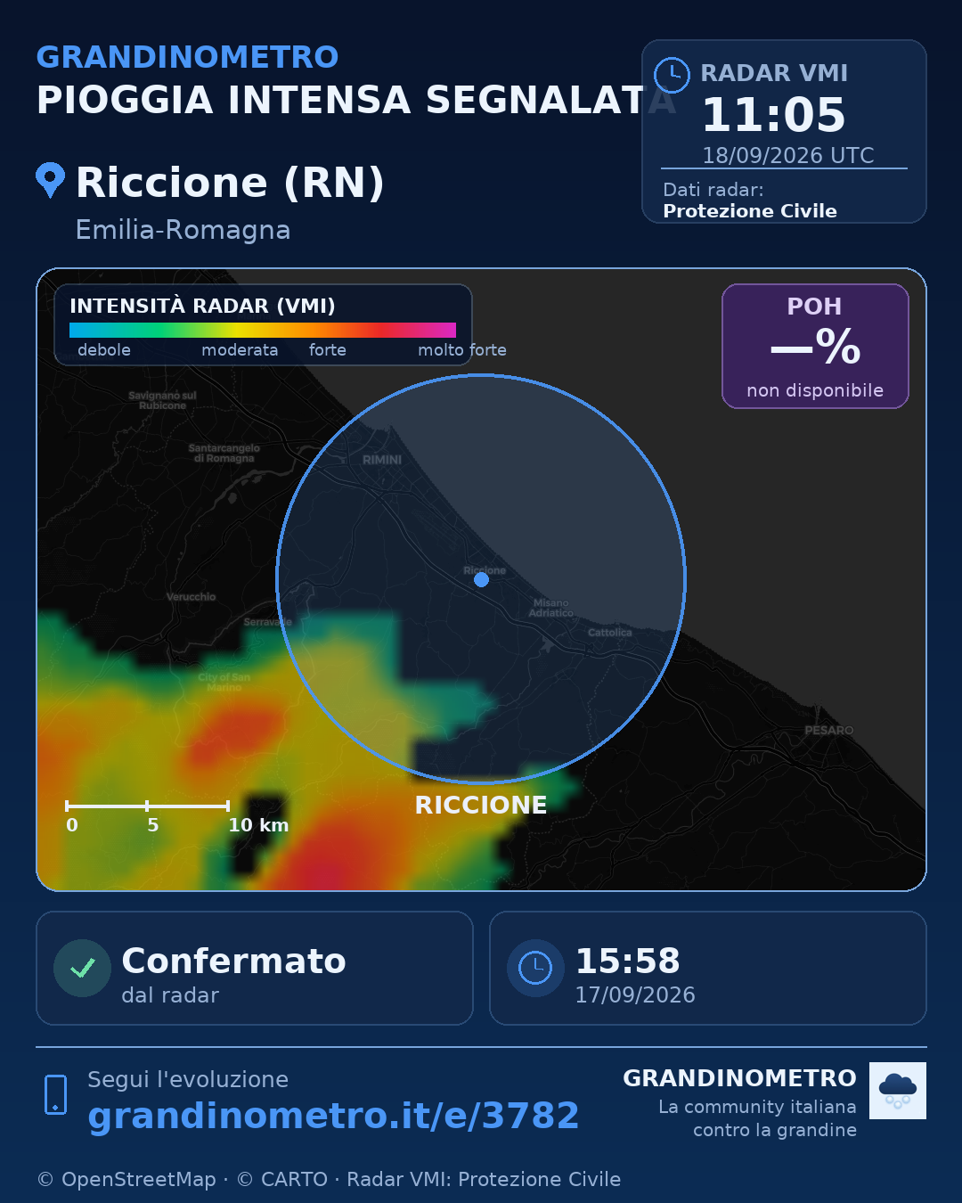Mappa dell'evento: pioggia intensa a Riccione (RN)