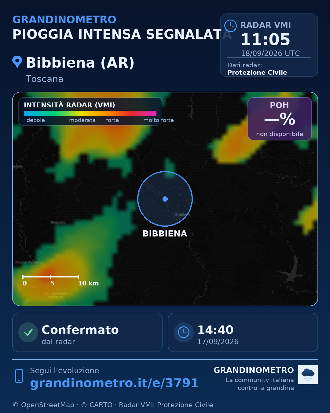 Mappa dell'evento: pioggia intensa a Bibbiena (AR)
